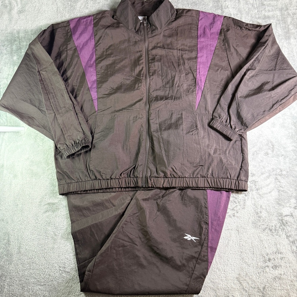 Reebok Womens Tracksuit Set Brown Purple Windbreaker Jacket 3X Pants 1X Vintage